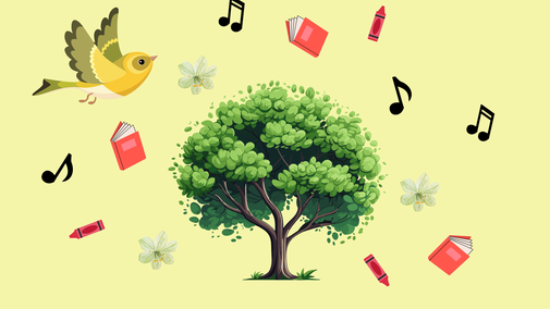 A graphic of a tree and a bird with musical notes, books, flowers and crayons flying around them